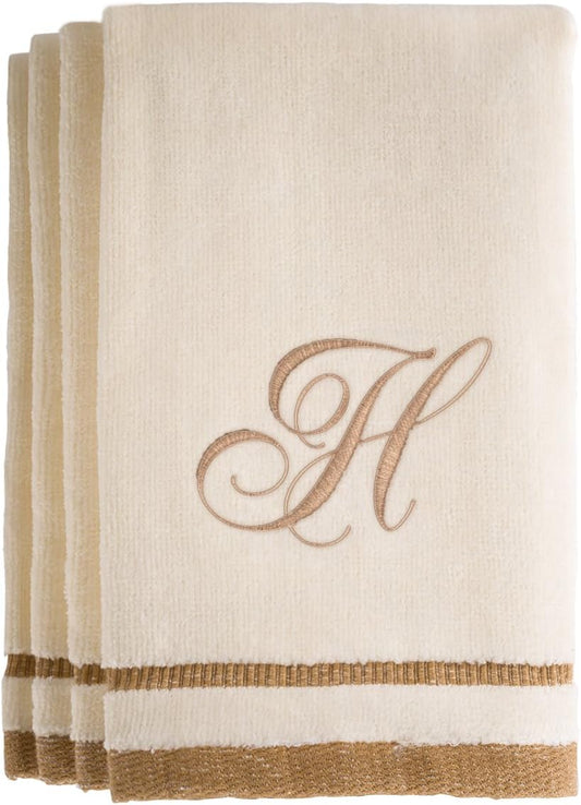 Monogrammed Gifts, Fingertip Towels, 11 X 18 Inches - Set of 4- Decorative Golden Brown Embroidered Towel - Extra Absorbent 100% Cotton- Personalized Gift- for Bathroom/Kitchen- Initial H (Ivory)