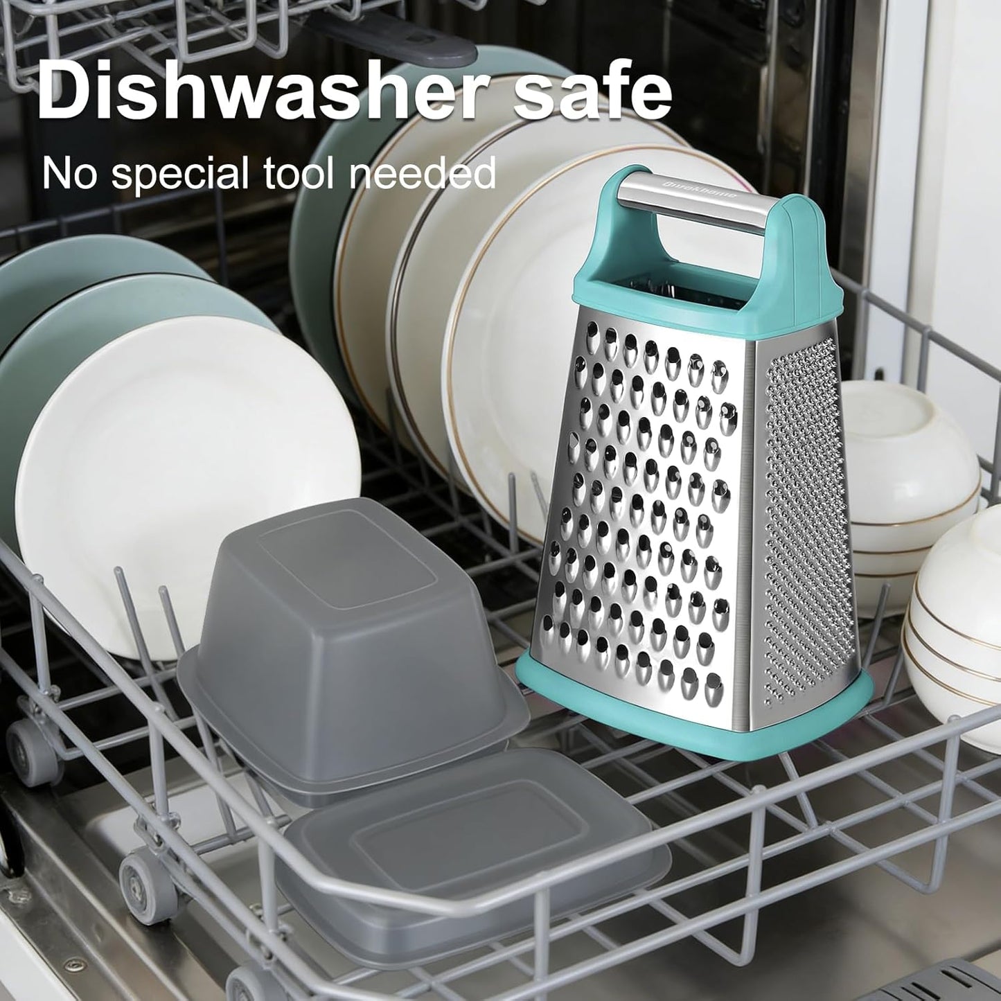 Cheese Grater with Handle, Stainless Steel Box Grater, 4 Side Kitchen Vegetable Shredder Slicer Zester with Container for Parmesan, Cabbage, Ginger, Lemon, Chocolate, Coconut (Teal Black)