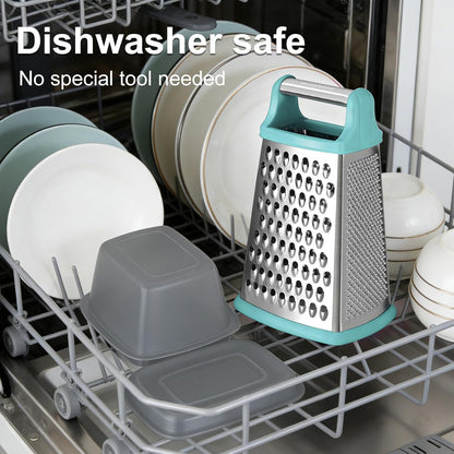 Cheese Grater with Handle, Stainless Steel Box Grater, 4 Side Kitchen Vegetable Shredder Slicer Zester with Container for Parmesan, Cabbage, Ginger, Lemon, Chocolate, Coconut (Teal Black)