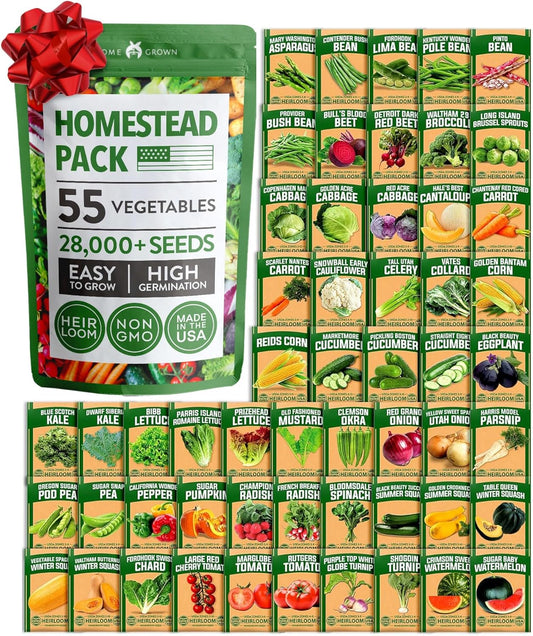 27,500+ Heirloom Vegetable Seeds | Non GMO Garden Seed 55 Variety Pack | Gardening Seeds for Planting Vegetables and Fruits, & Lettuce | Prepper Supplies | Survival Gear | Spring, Summer, Fall