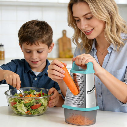 Cheese Grater with Handle, Stainless Steel Box Grater, 4 Side Kitchen Vegetable Shredder Slicer Zester with Container for Parmesan, Cabbage, Ginger, Lemon, Chocolate, Coconut (Teal Black)