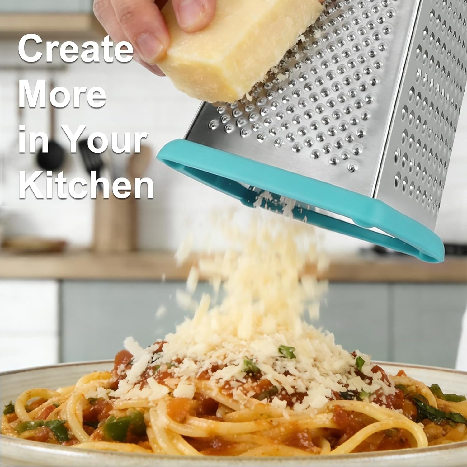 Cheese Grater with Handle, Stainless Steel Box Grater, 4 Side Kitchen Vegetable Shredder Slicer Zester with Container for Parmesan, Cabbage, Ginger, Lemon, Chocolate, Coconut (Teal Black)
