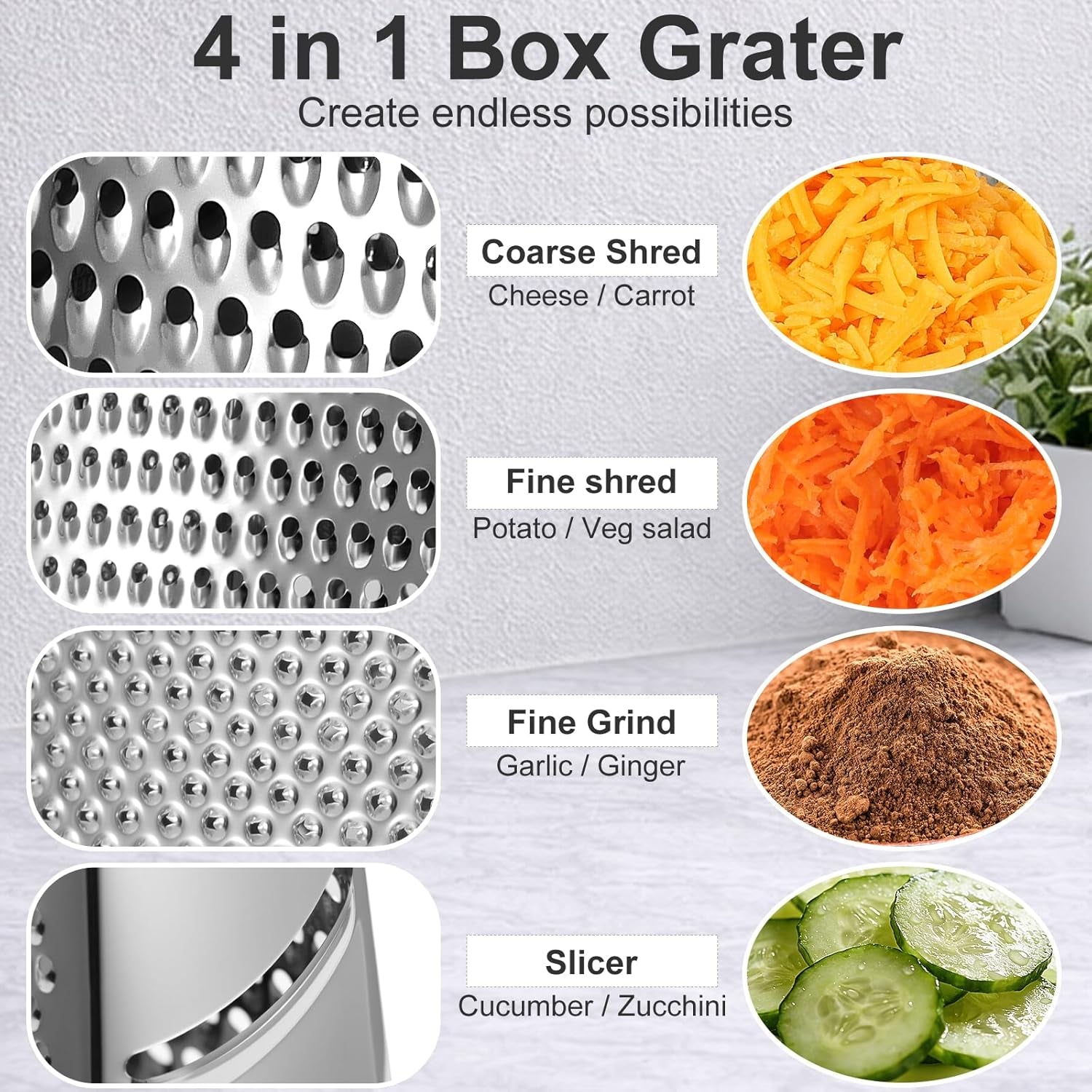 Cheese Grater with Handle, Stainless Steel Box Grater, 4 Side Kitchen Vegetable Shredder Slicer Zester with Container for Parmesan, Cabbage, Ginger, Lemon, Chocolate, Coconut (Teal Black)