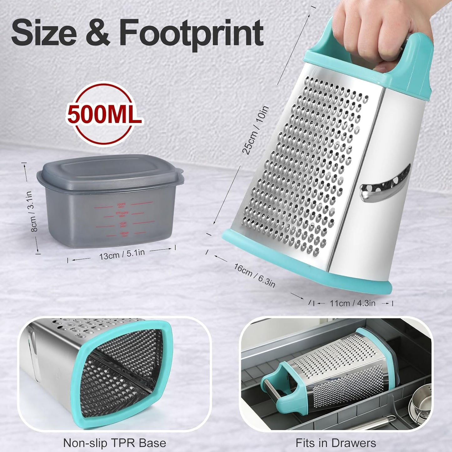 Cheese Grater with Handle, Stainless Steel Box Grater, 4 Side Kitchen Vegetable Shredder Slicer Zester with Container for Parmesan, Cabbage, Ginger, Lemon, Chocolate, Coconut (Teal Black)