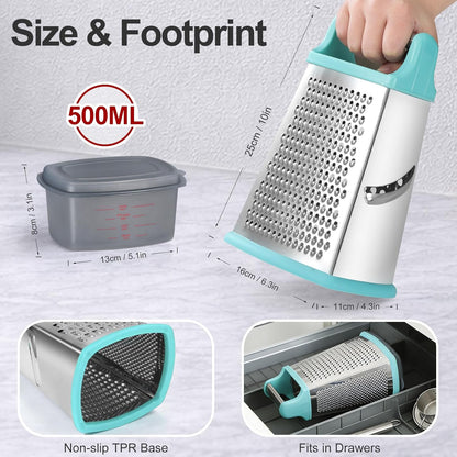 Cheese Grater with Handle, Stainless Steel Box Grater, 4 Side Kitchen Vegetable Shredder Slicer Zester with Container for Parmesan, Cabbage, Ginger, Lemon, Chocolate, Coconut (Teal Black)